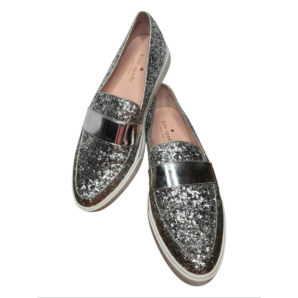 Kate Spade Clover Glitter Leather Slip-On Sneakers Silver Metallic Loafers 7.5
